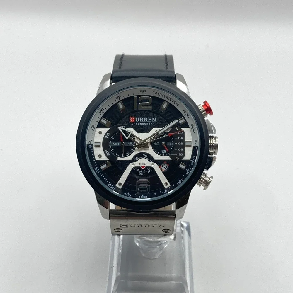Curren Men's Chronograph Watch 48mm Silver Tone Black Date WR New Battery 10